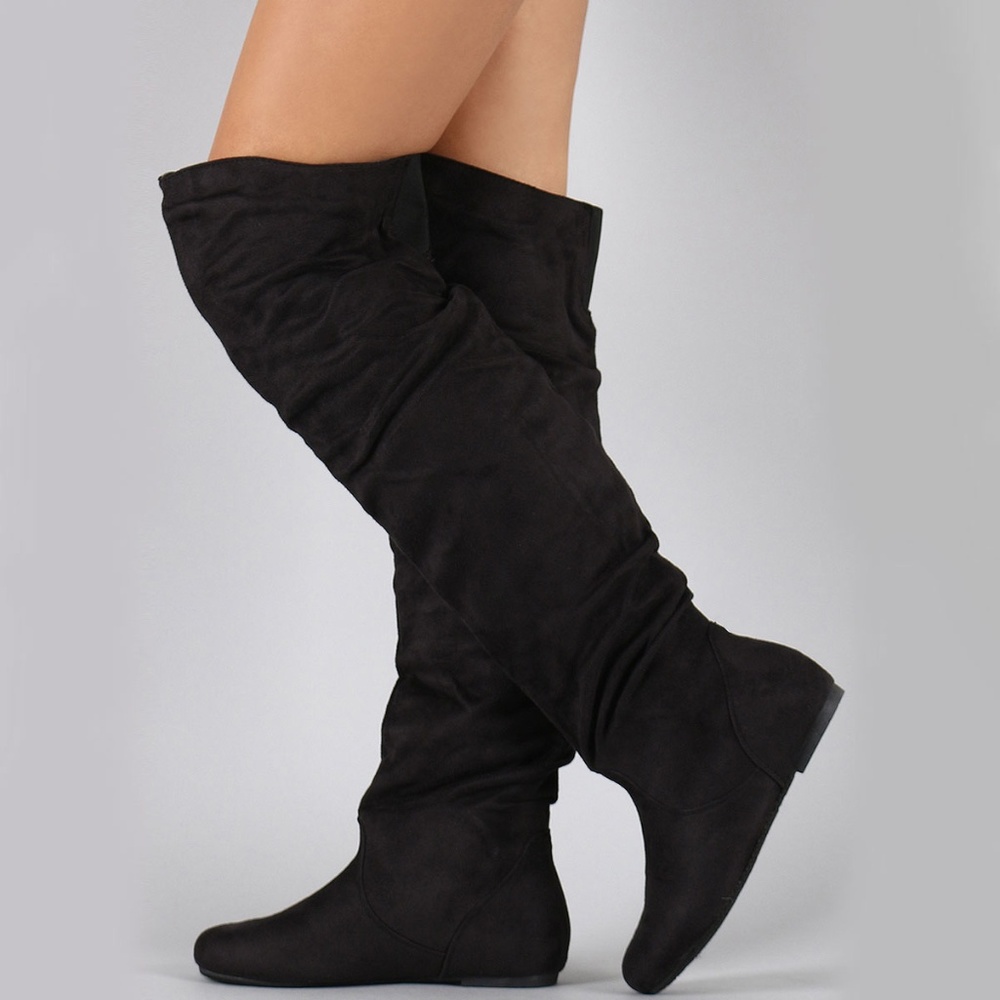 NEW🔥 Black Slouch Baggy Over The Knee OTK Flat Boots Pull-On Faux Suede